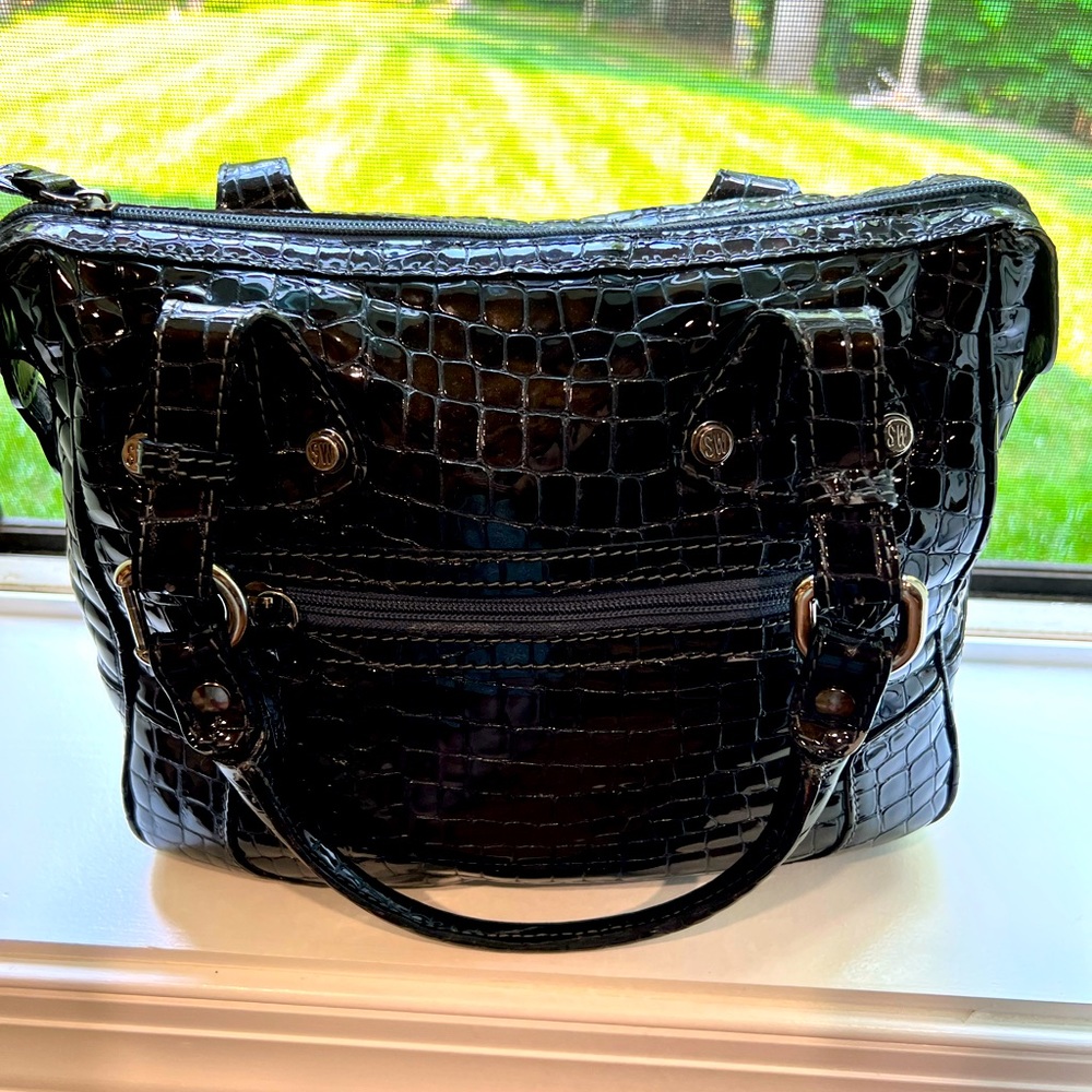 Stuart Weitzman handbag denim blue gray patent leather